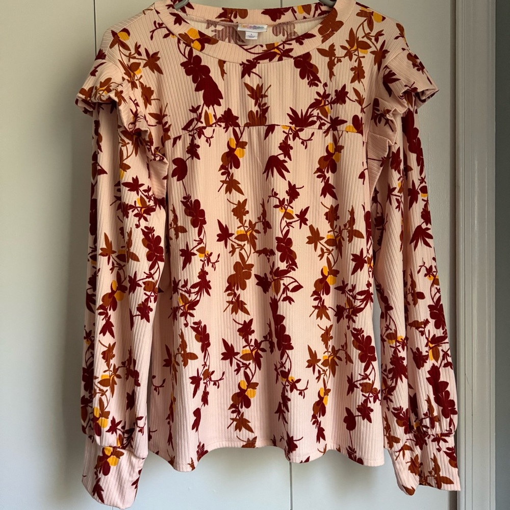 Lularoe Brielle Floral Ruffle Long-Sleeve Top in Blush